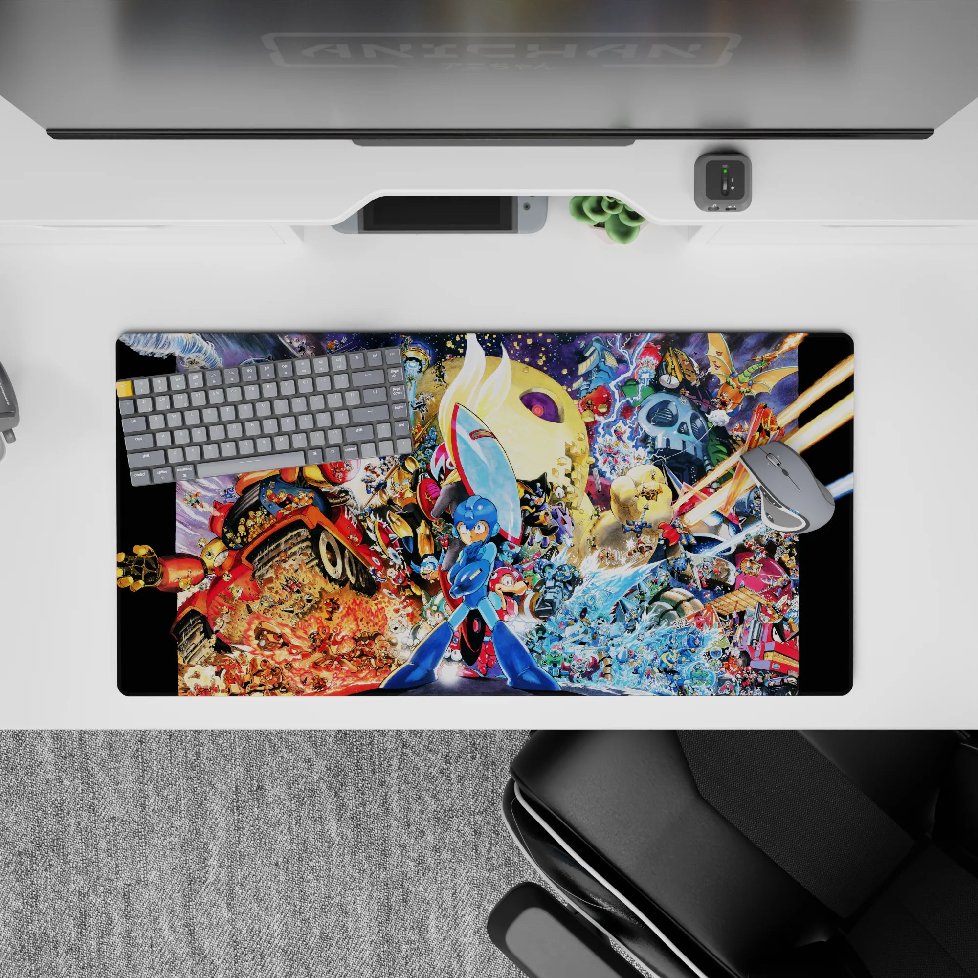 32x16 inches anime mouse pad with fiery reds, icy blues, and gold sparks for an intense battle vibe.