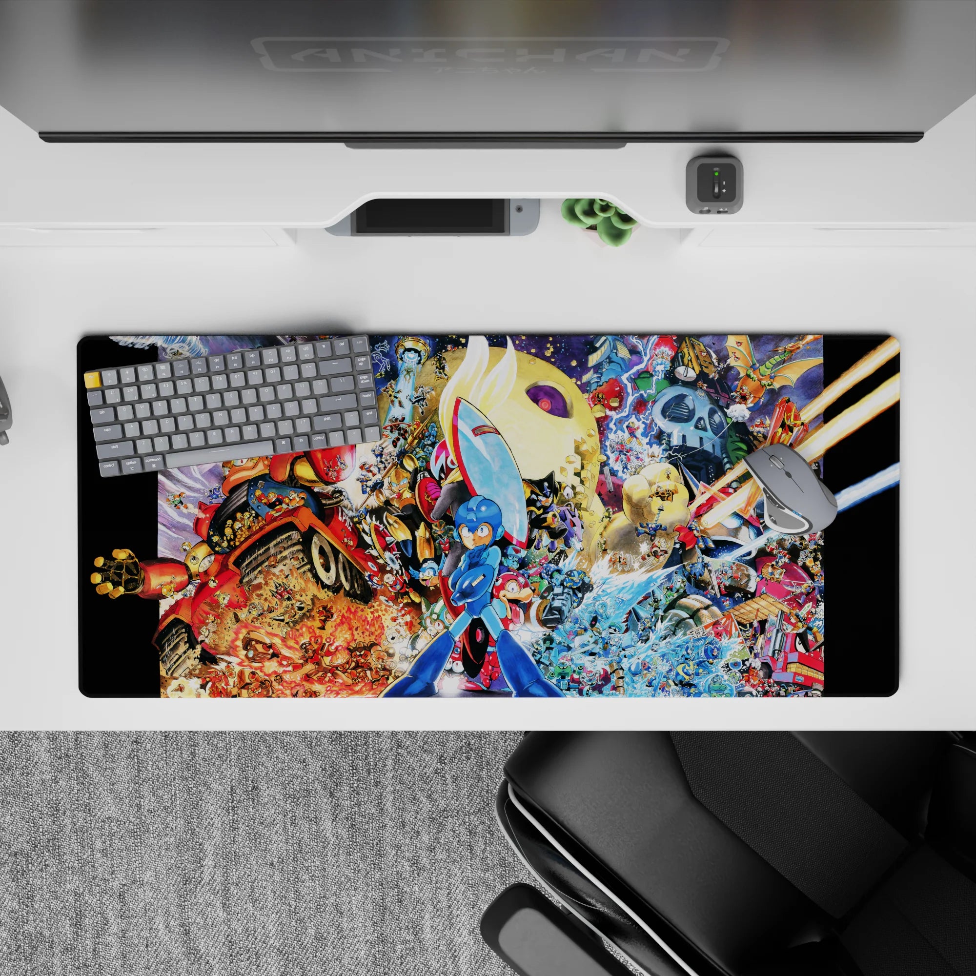 36x16 inches anime desk pad in vivid red fire and icy blue bursts with gold sparks for a high-energy vibe.