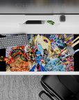 36x16 inches anime desk pad in vivid red fire and icy blue bursts with gold sparks for a high-energy vibe.