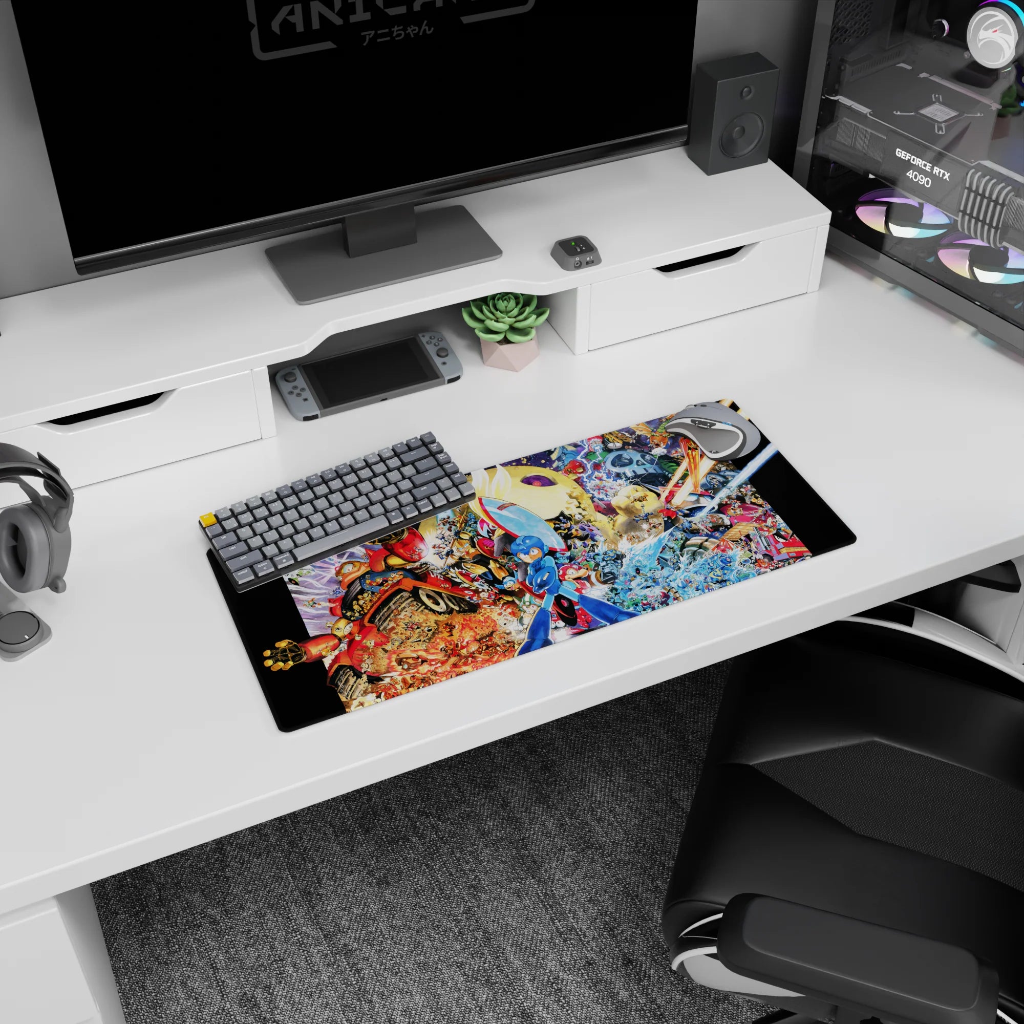 28x12 inches Mega Man desk mouse pad, arm cannon raised amid explosions, robots, and swirling energy.