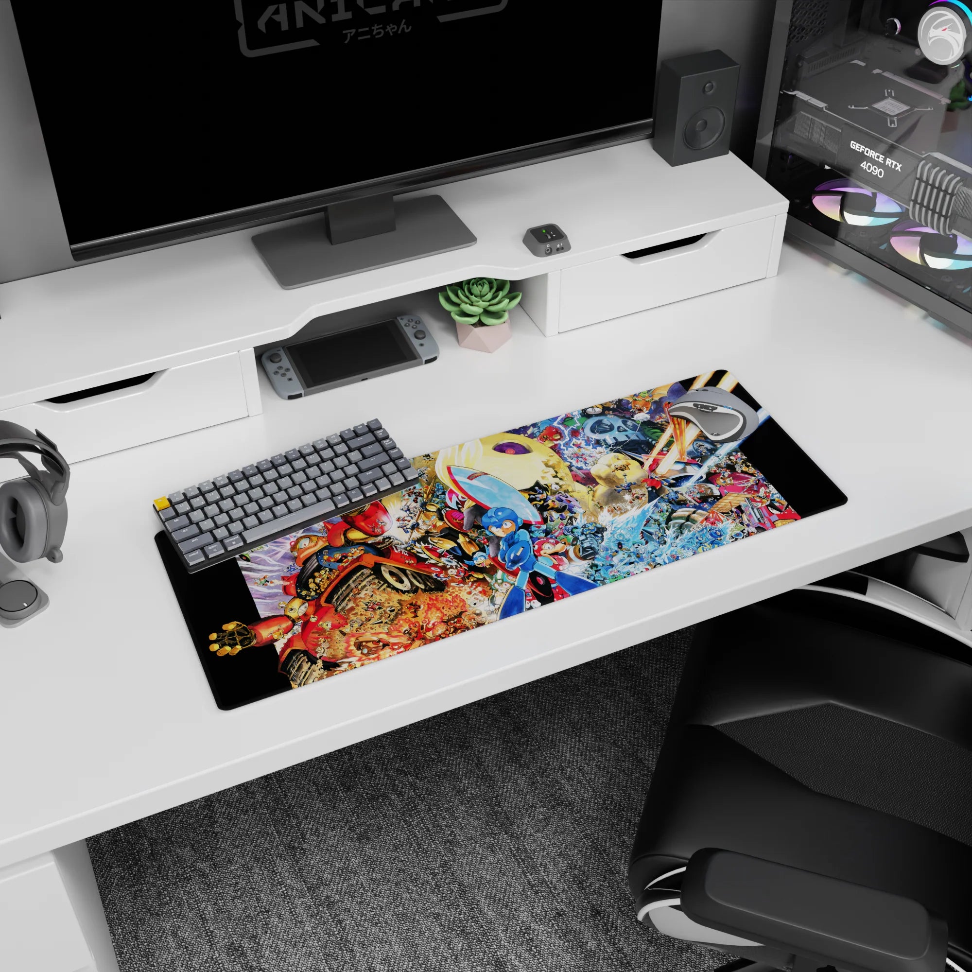 32x12 inches anime mouse pad showing Mega Man aiming arm cannon as ships and comic motion lines burst.