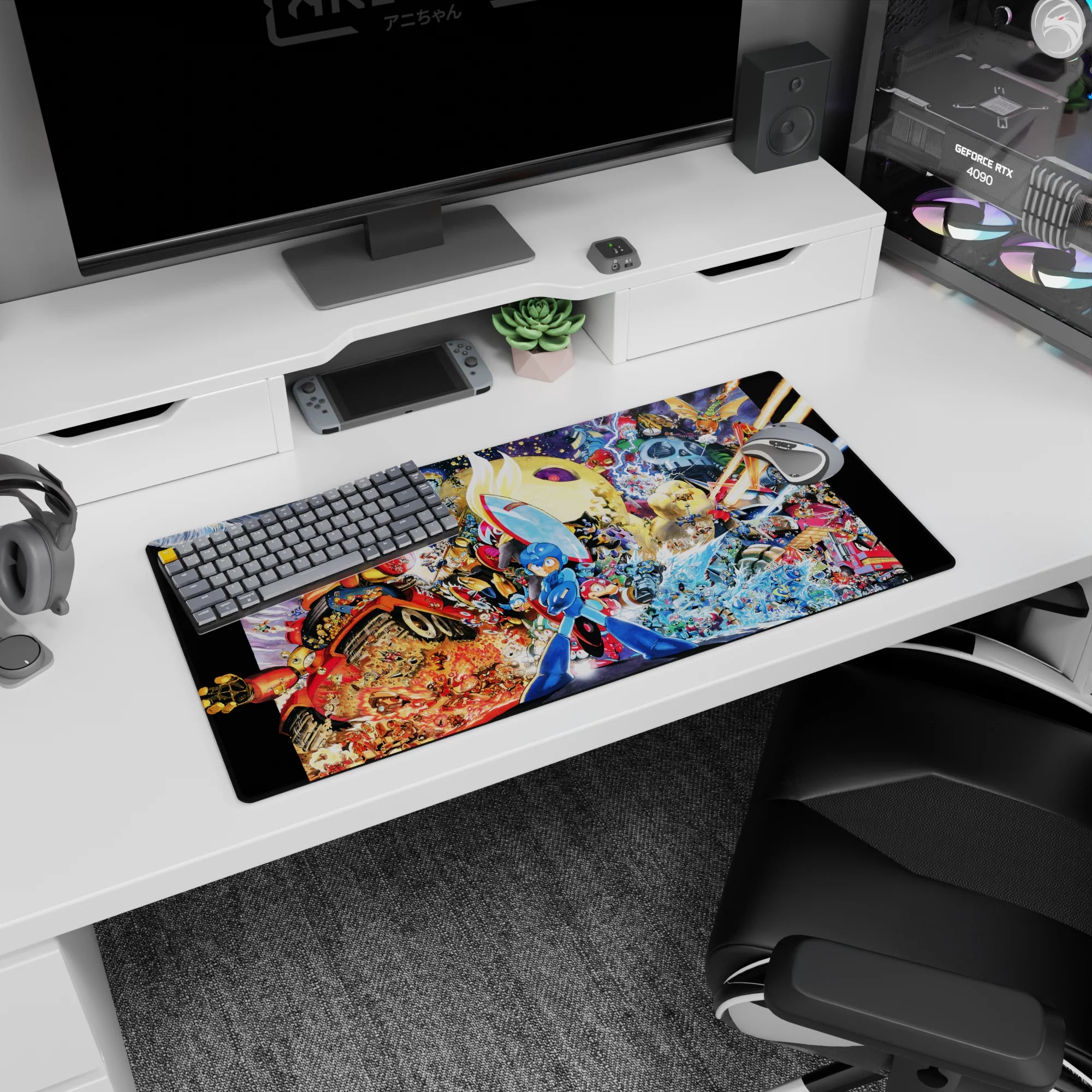 32x16 inches anime mouse pad showing Mega Man aiming his arm cannon as ships and robots clash behind him.