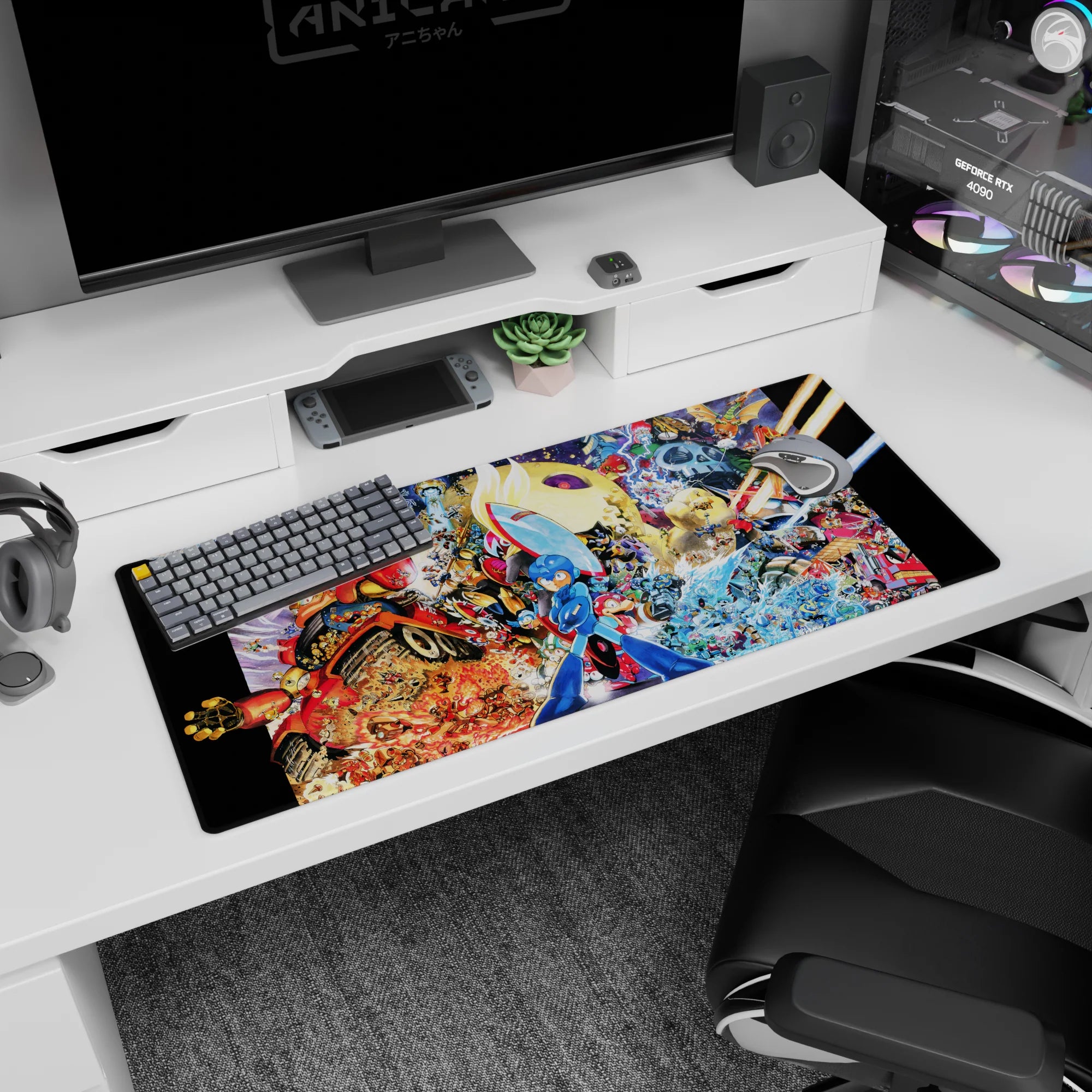 36x16 inches Mega Man desk pad showing him in blue armor with arm cannon amid robots and explosions.