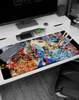 40x20 inches anime desk pad featuring Mega Man in blue armor aiming his arm cannon amid chaos.