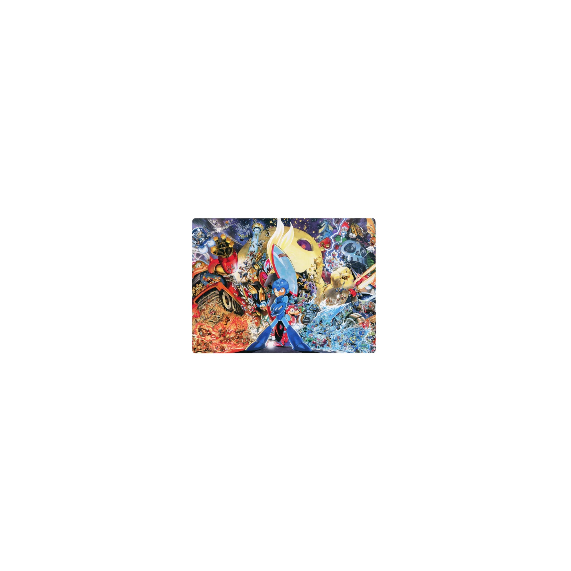 Classic anime mouse pad 14x10 inches with action-packed Mega Man scene, robots, ships, and energy bursts.