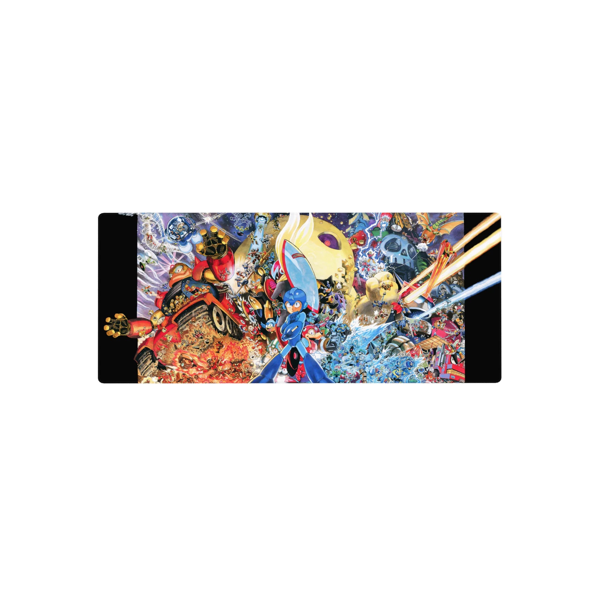 28x12 inches anime mouse pad with explosive robot battle art, Mega Man centered in blue armor.