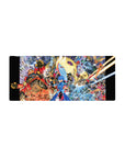 28x12 inches anime mouse pad with explosive robot battle art, Mega Man centered in blue armor.