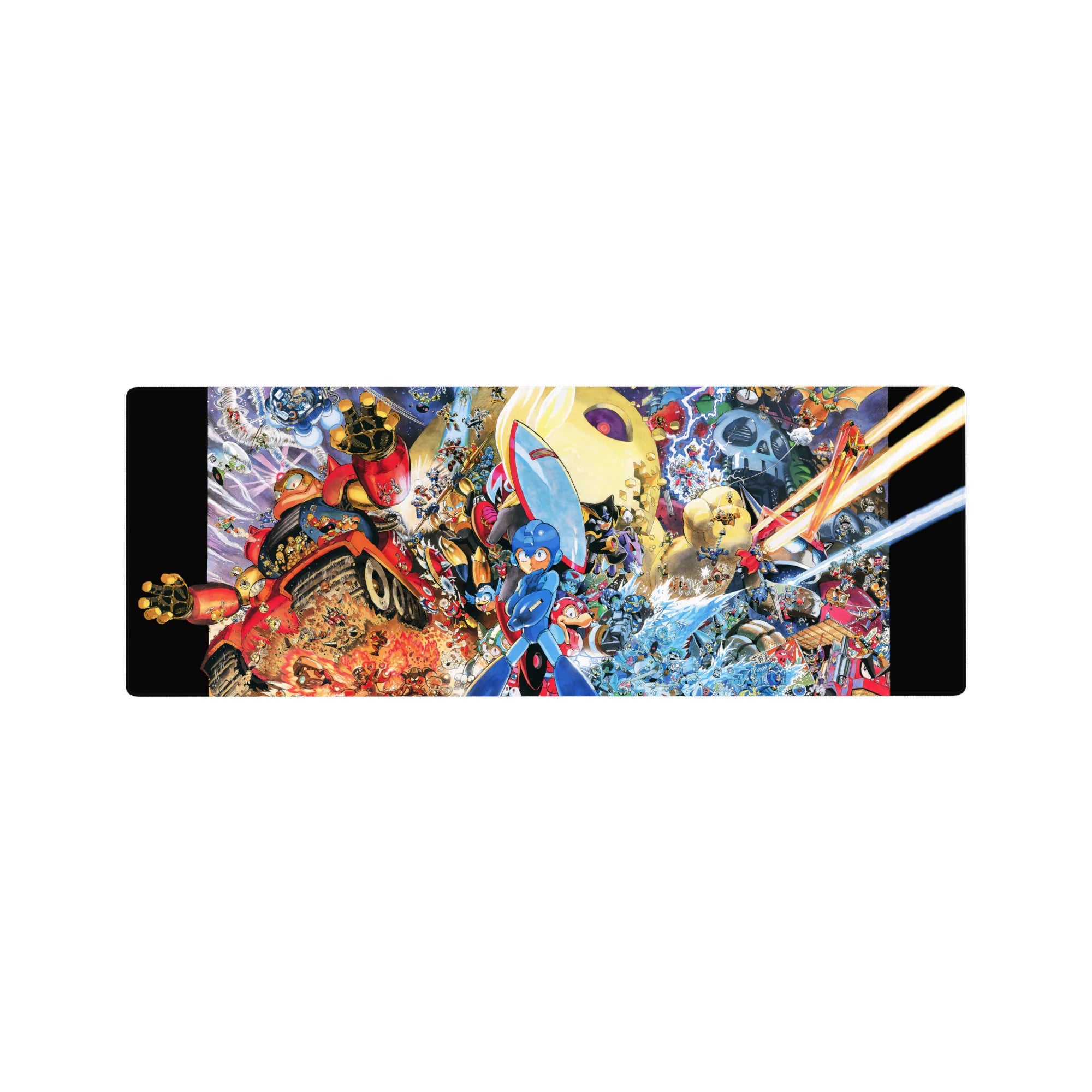 32x12 inches anime mouse pad with Mega Man in blue armor amid robots, explosions, and energy swirls.