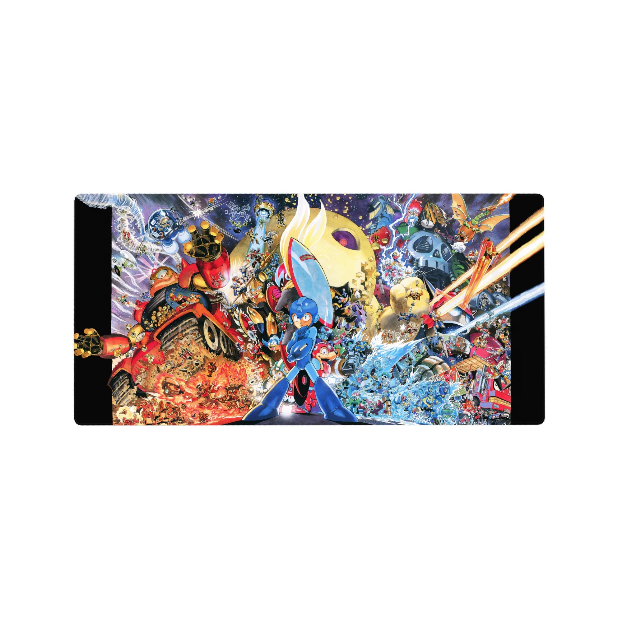 32x16 inches anime mouse pad with Mega Man in blue armor amid explosions, robots, and energy swirls.