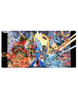 32x16 inches anime mouse pad with Mega Man in blue armor amid explosions, robots, and energy swirls.