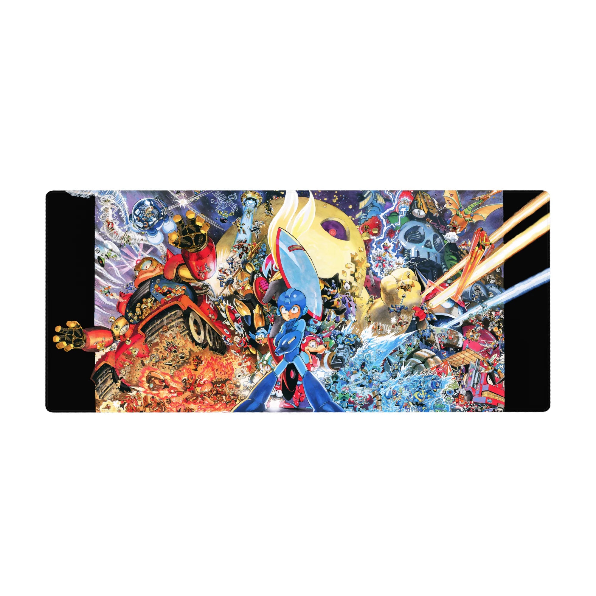 Anime desk pad 36x16 inches with action-packed robot battle art, explosions, ships, and energy lines.