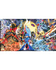 40x20 inches anime desk pad with Mega Man, explosions, robots, ships, and comic motion lines.