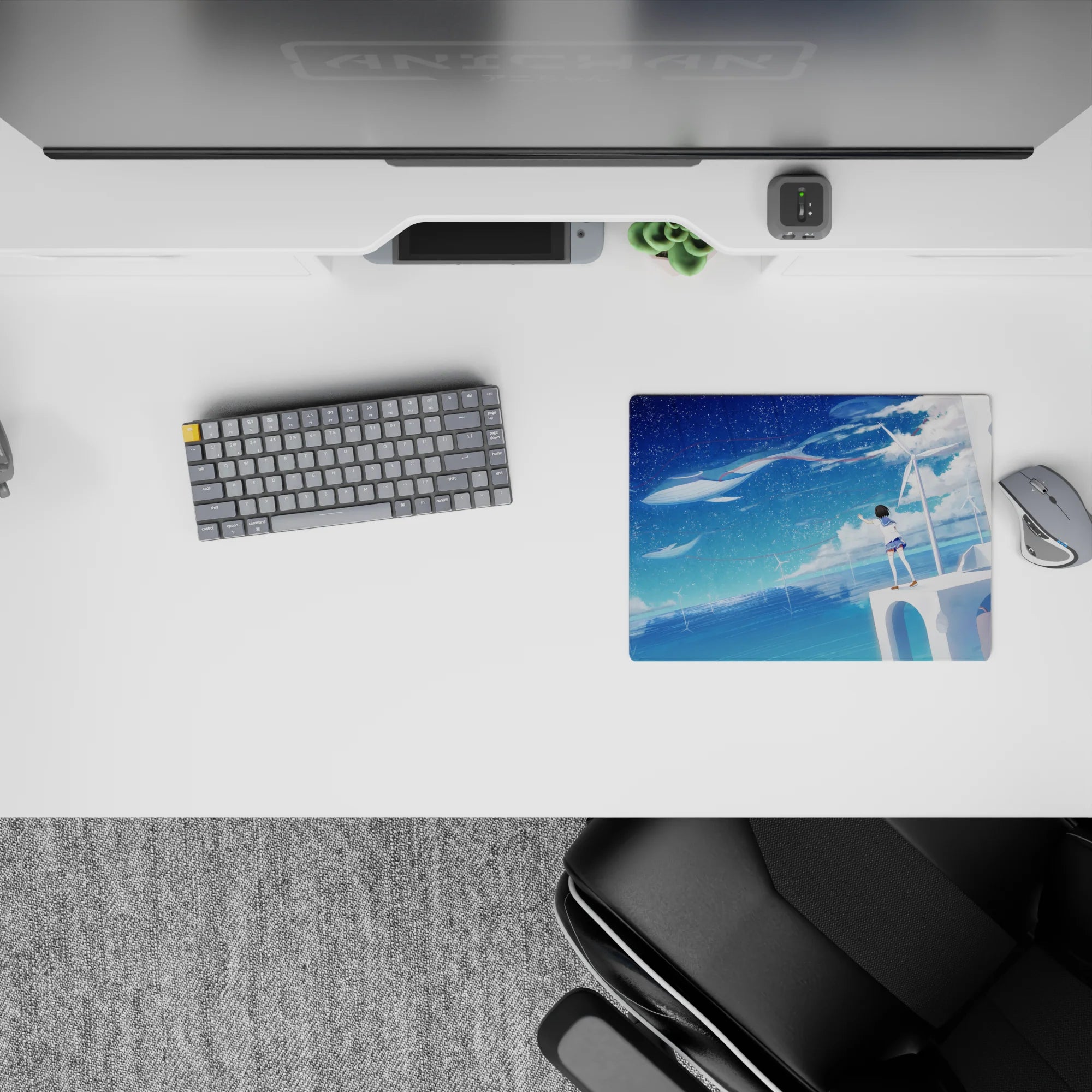 Calm navy-to-aqua anime mouse pad 14x10 inches, starry speckles and dreamy ocean blues for a serene desk.