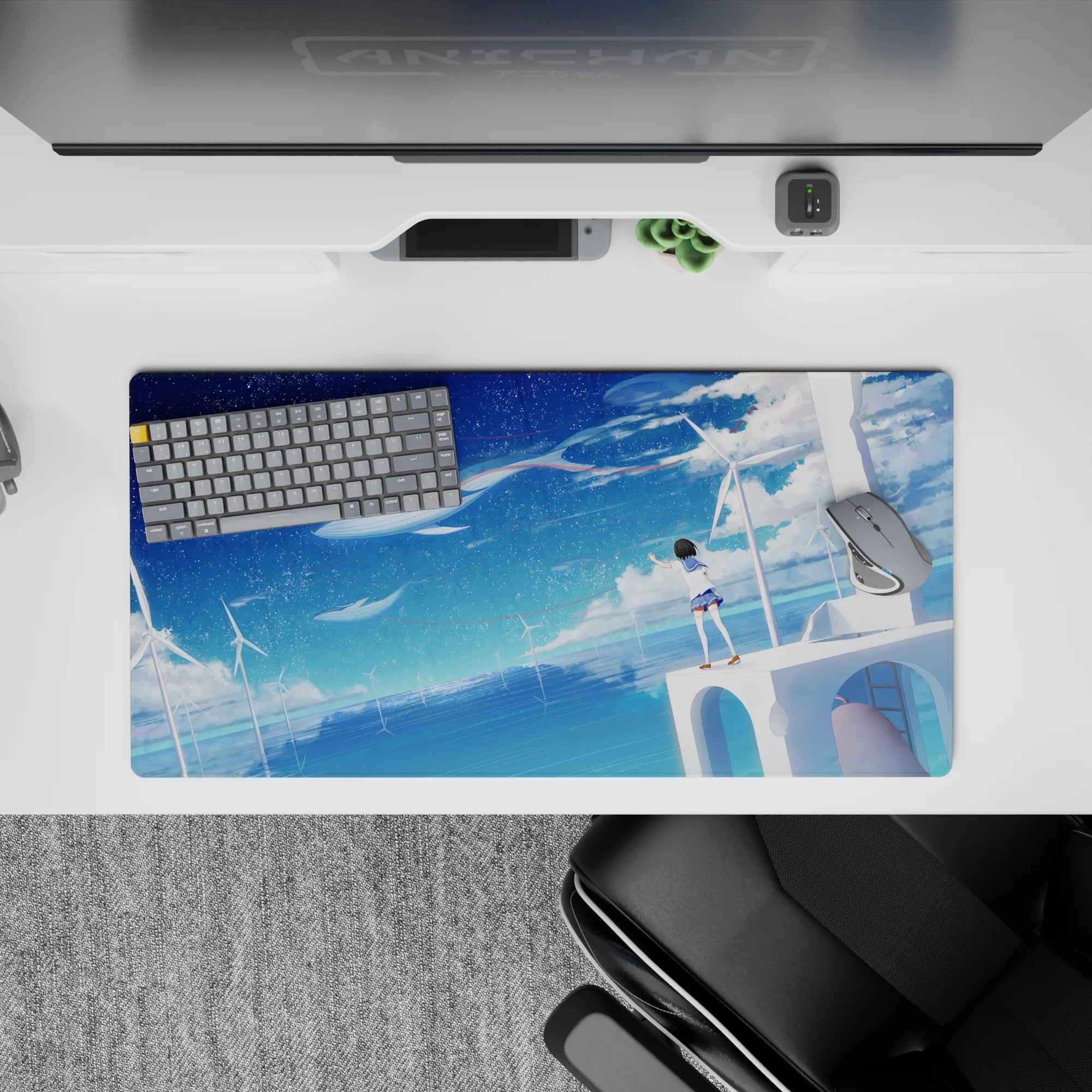 32x16 inches desk mat in dreamy navy-to-aqua tones with starry specks, calm cute anime vibe.