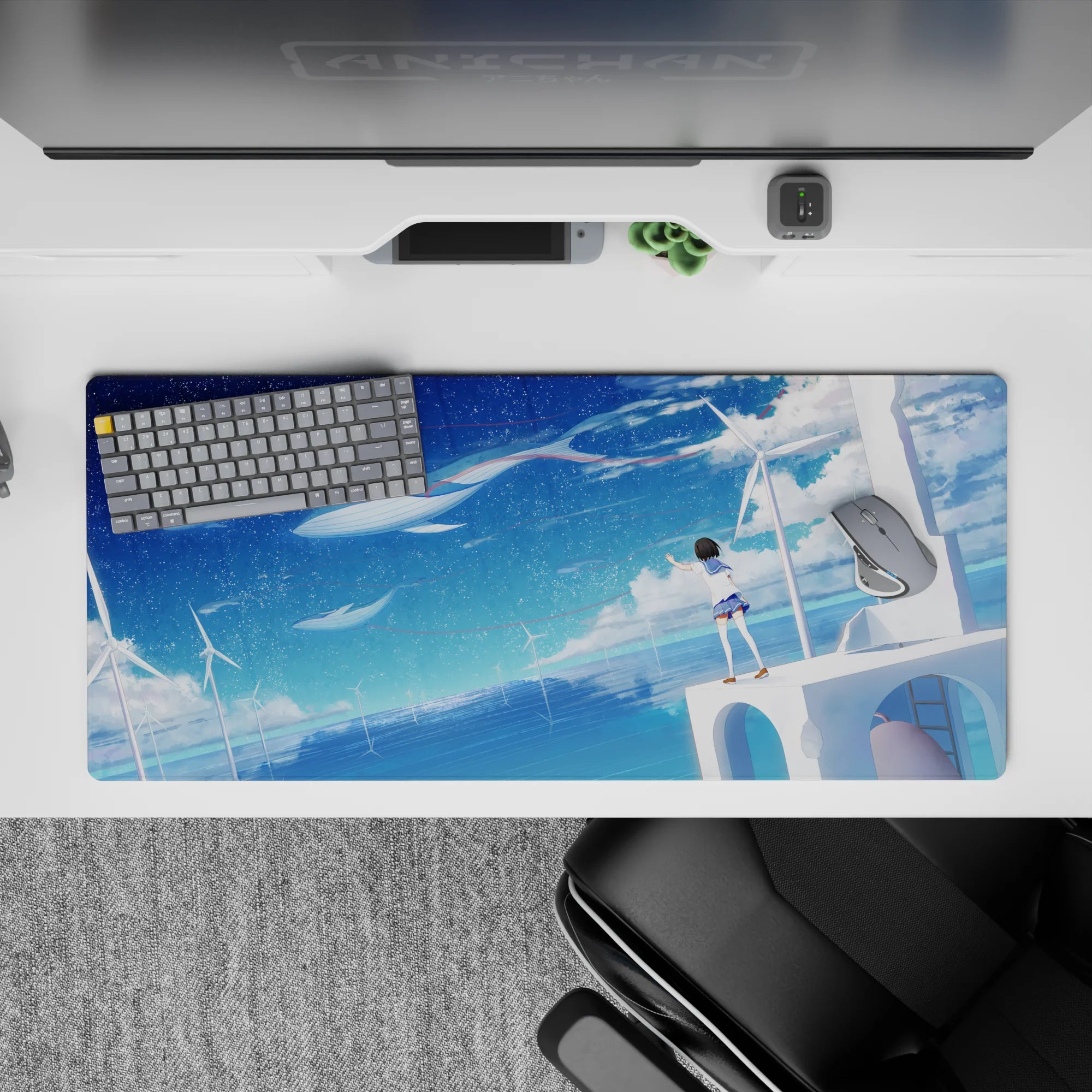 Calm navy-to-aqua gradient anime desk pad 36x16 inches, sea-salt stars and dreamy ocean blues mood.