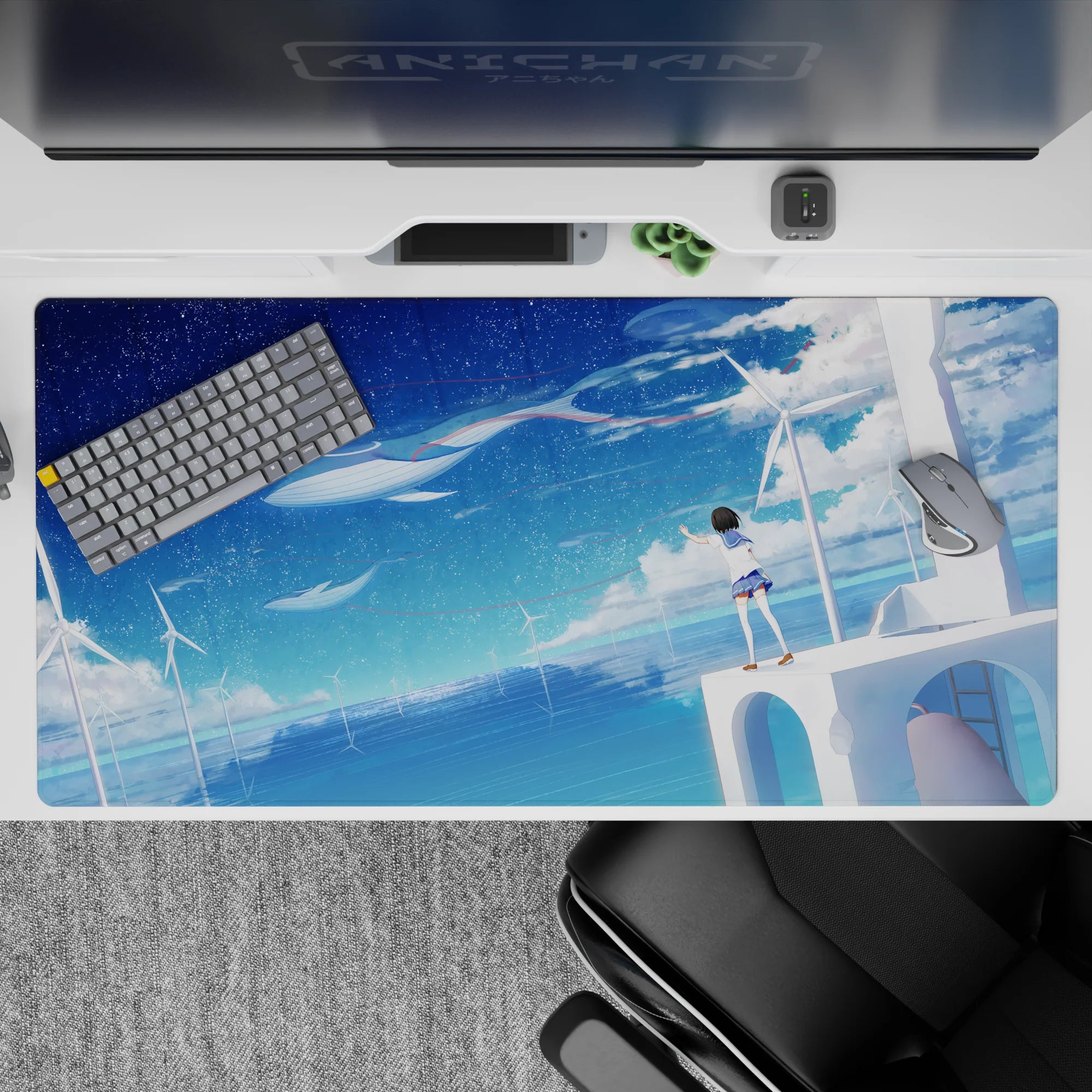 Calm navy-to-aqua anime desk pad 40x20 inches with dreamy gradients and sea-salt star speckles.