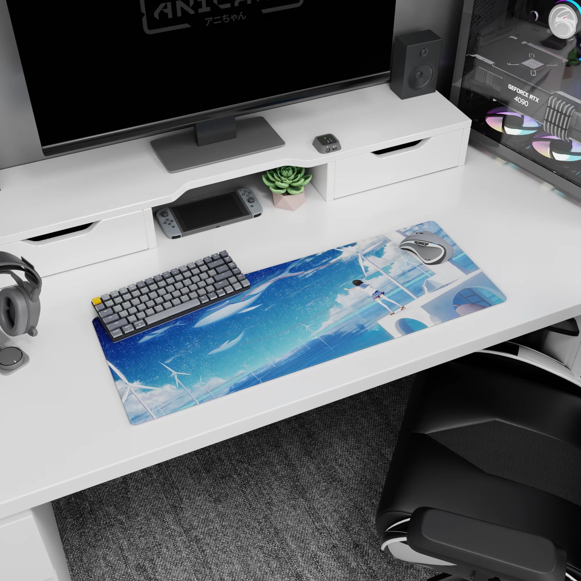 32x12 inches anime girl mouse pad showing a schoolgirl on a rooftop waving at floating whales at night.