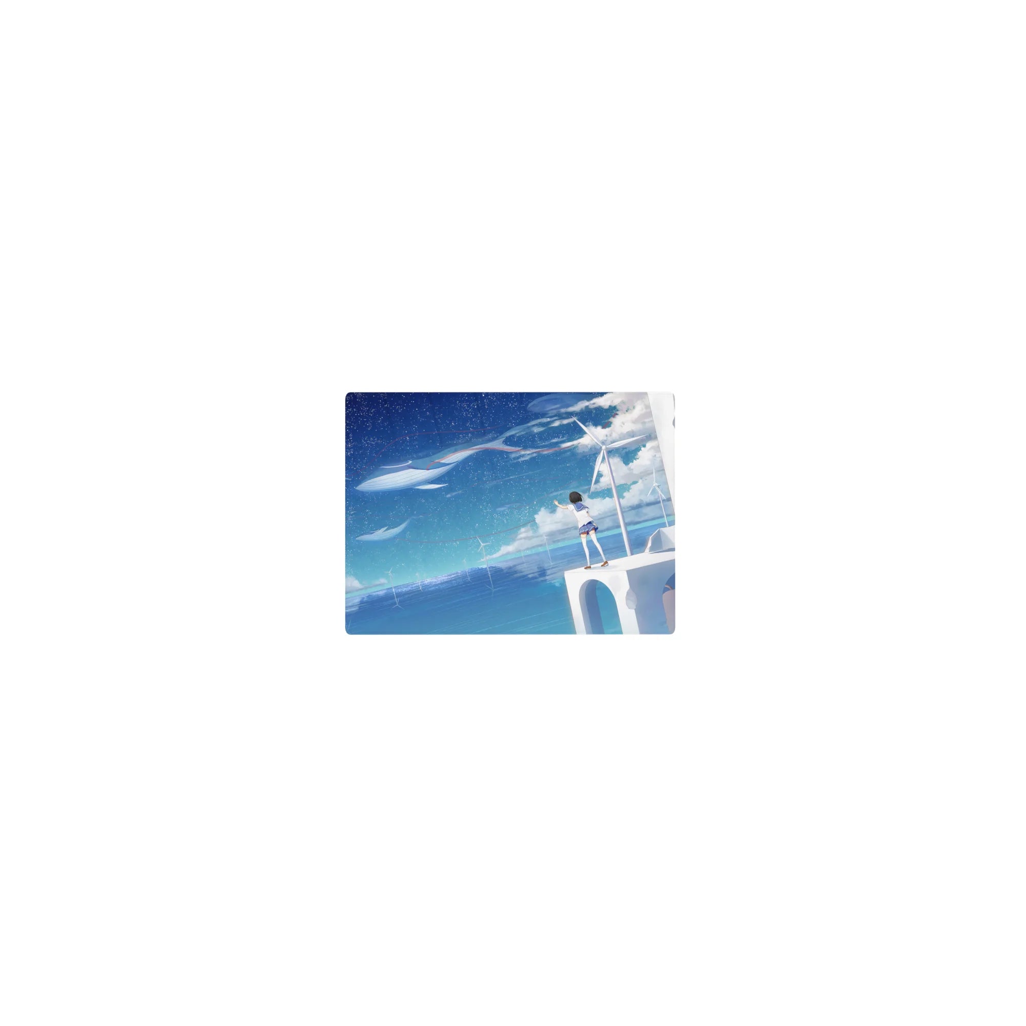 Classic anime girl mouse pad 14x10 inches with ocean sky gradients, whales, and wind turbines at night.