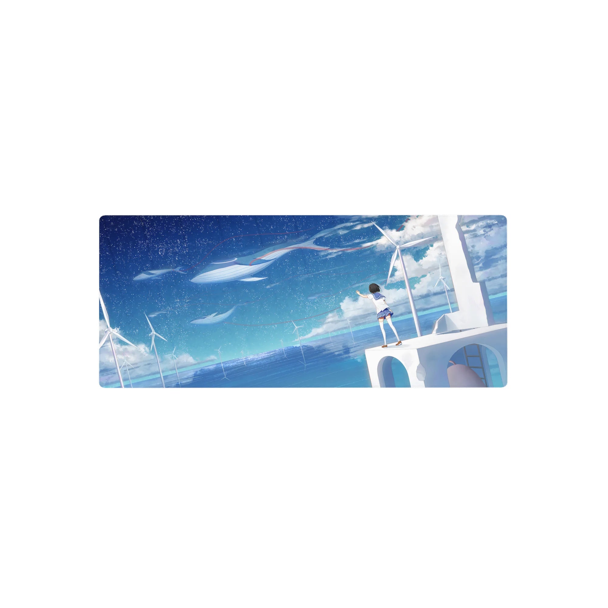 28x12 inches anime girl mouse pad with ocean-blue sky, stars, floating whales, and wind turbines.