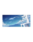 28x12 inches anime girl mouse pad with ocean-blue sky, stars, floating whales, and wind turbines.