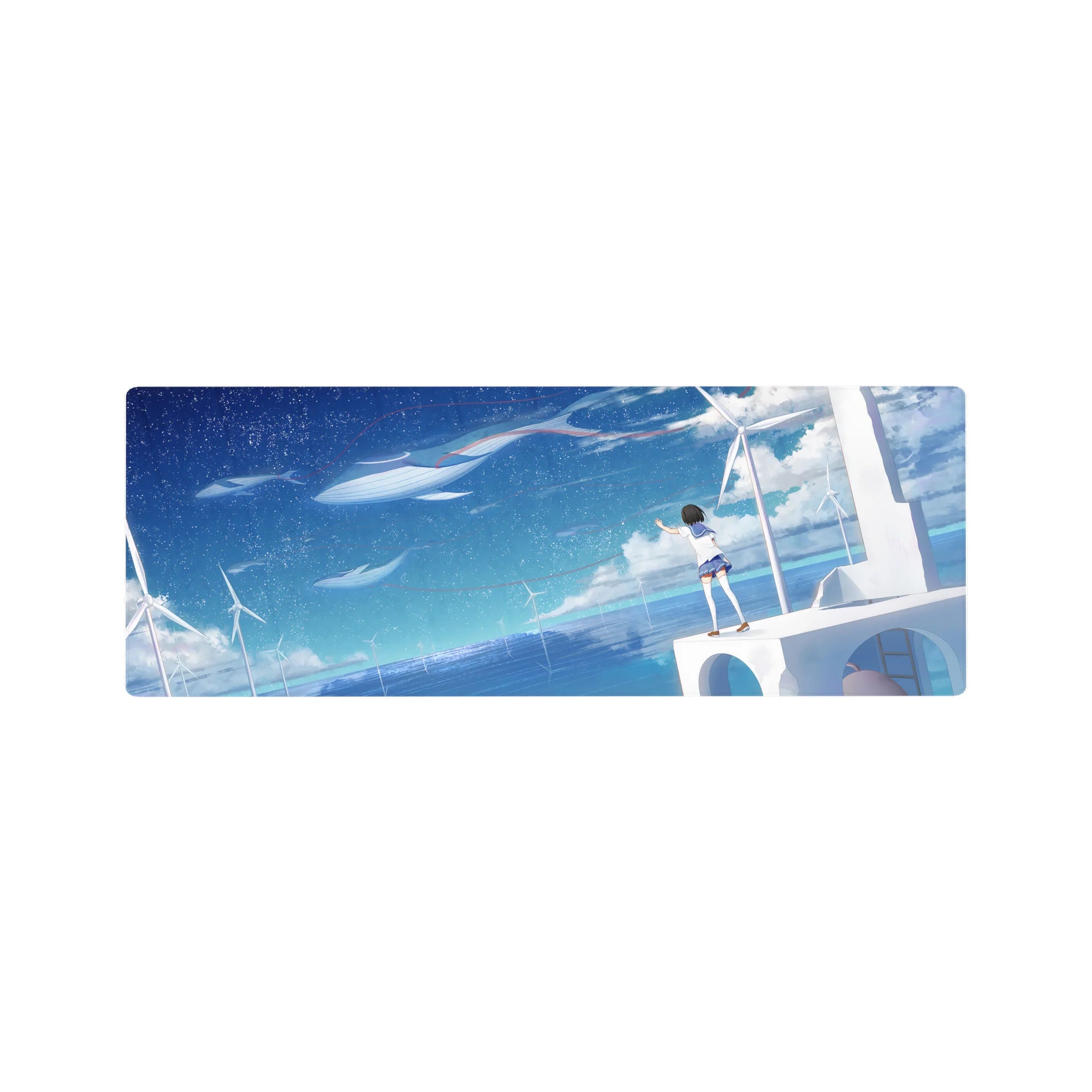 32x12 inches anime girl mouse pad with ocean blues, starry sky, whales, and wind turbines design.