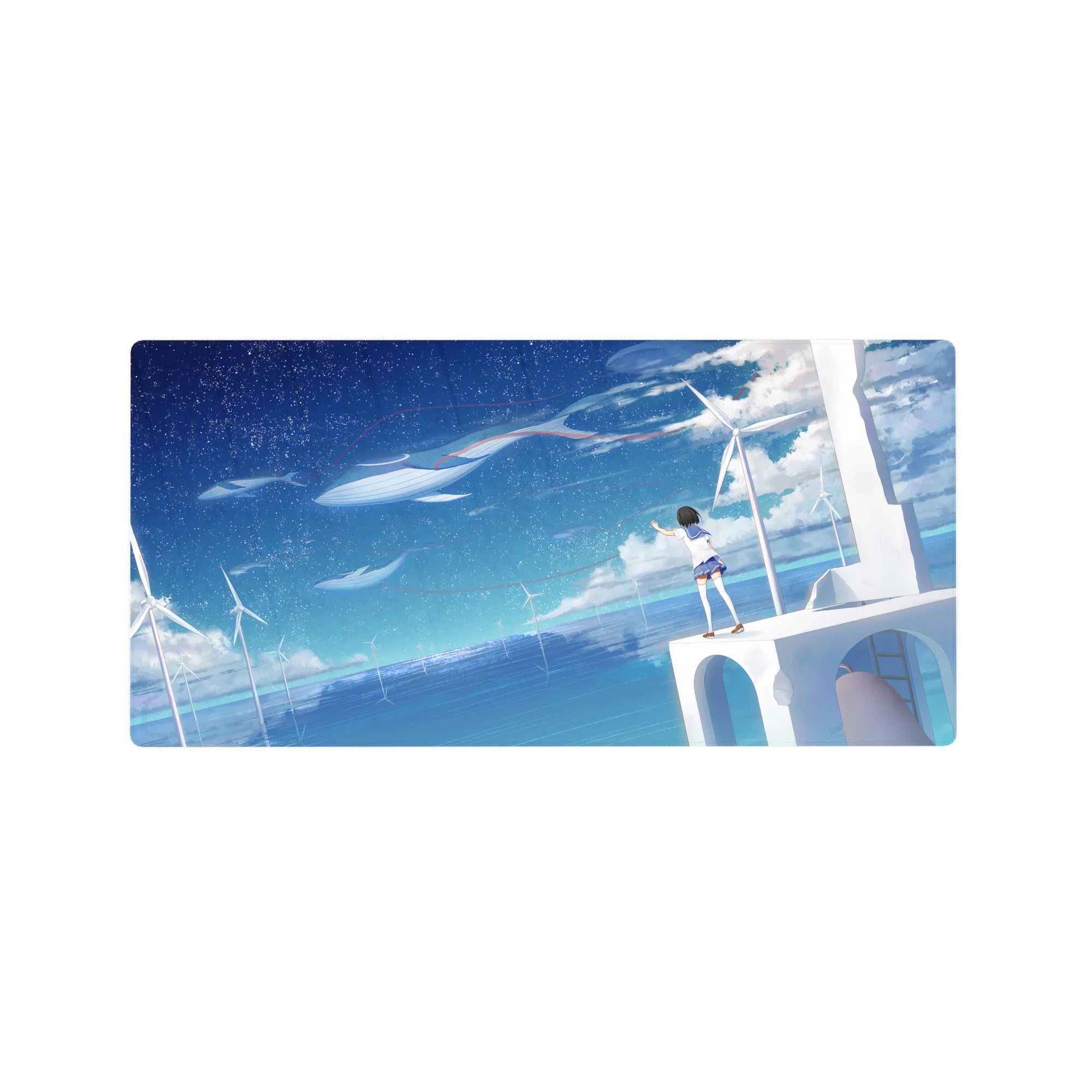 32x16 inches anime girl mouse pad with ocean sky gradient, wind turbines, and floating whales.