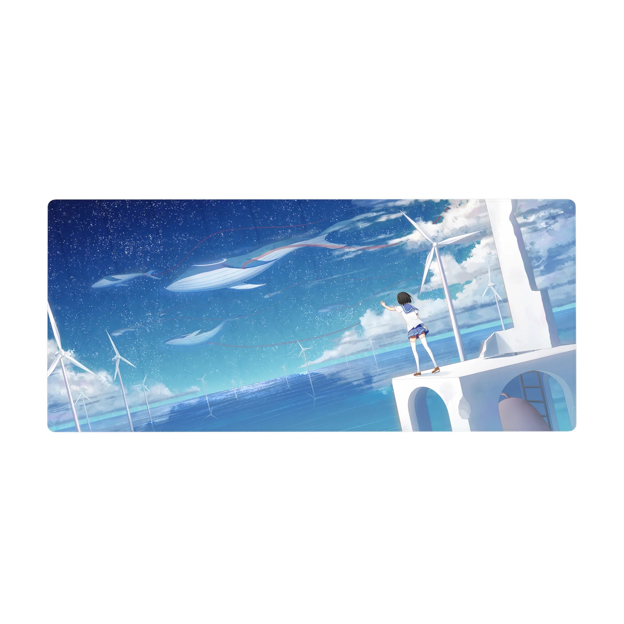 Anime girl desk pad 36x16 inches with starry ocean sky, floating whales, and wind turbines design.
