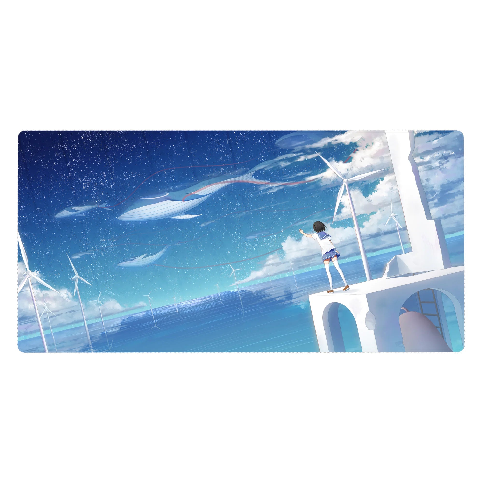 Anime girl desk pad 40x20 inches with ocean blues, starry sky, floating whales and wind turbines.