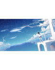Anime girl desk pad 40x20 inches with ocean blues, starry sky, floating whales and wind turbines.