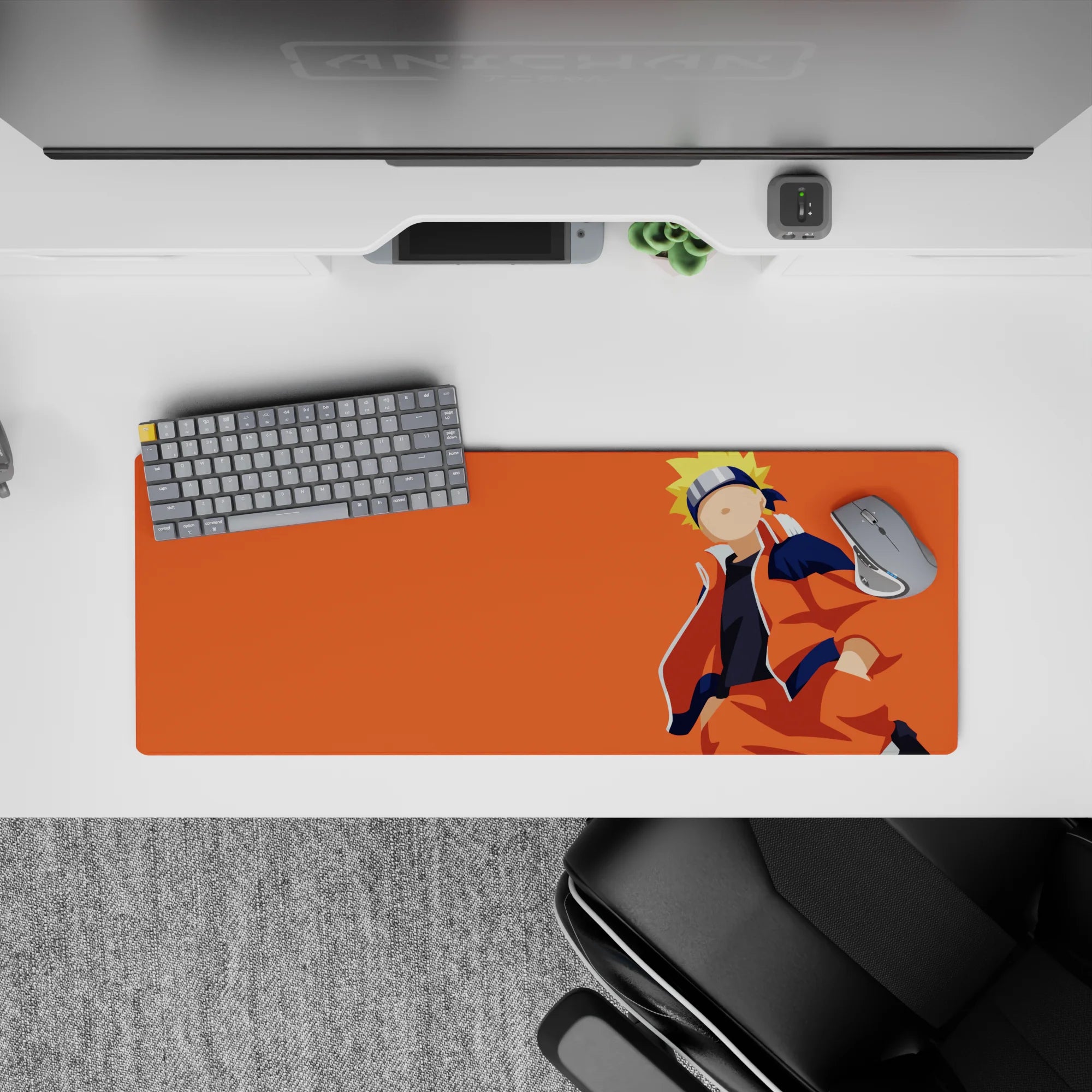 32x12 inches extended mouse pad in bright orange tones, calm cheerful vibe with smooth tracking.