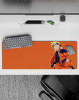 32x12 inches extended mouse pad in bright orange tones, calm cheerful vibe with smooth tracking.