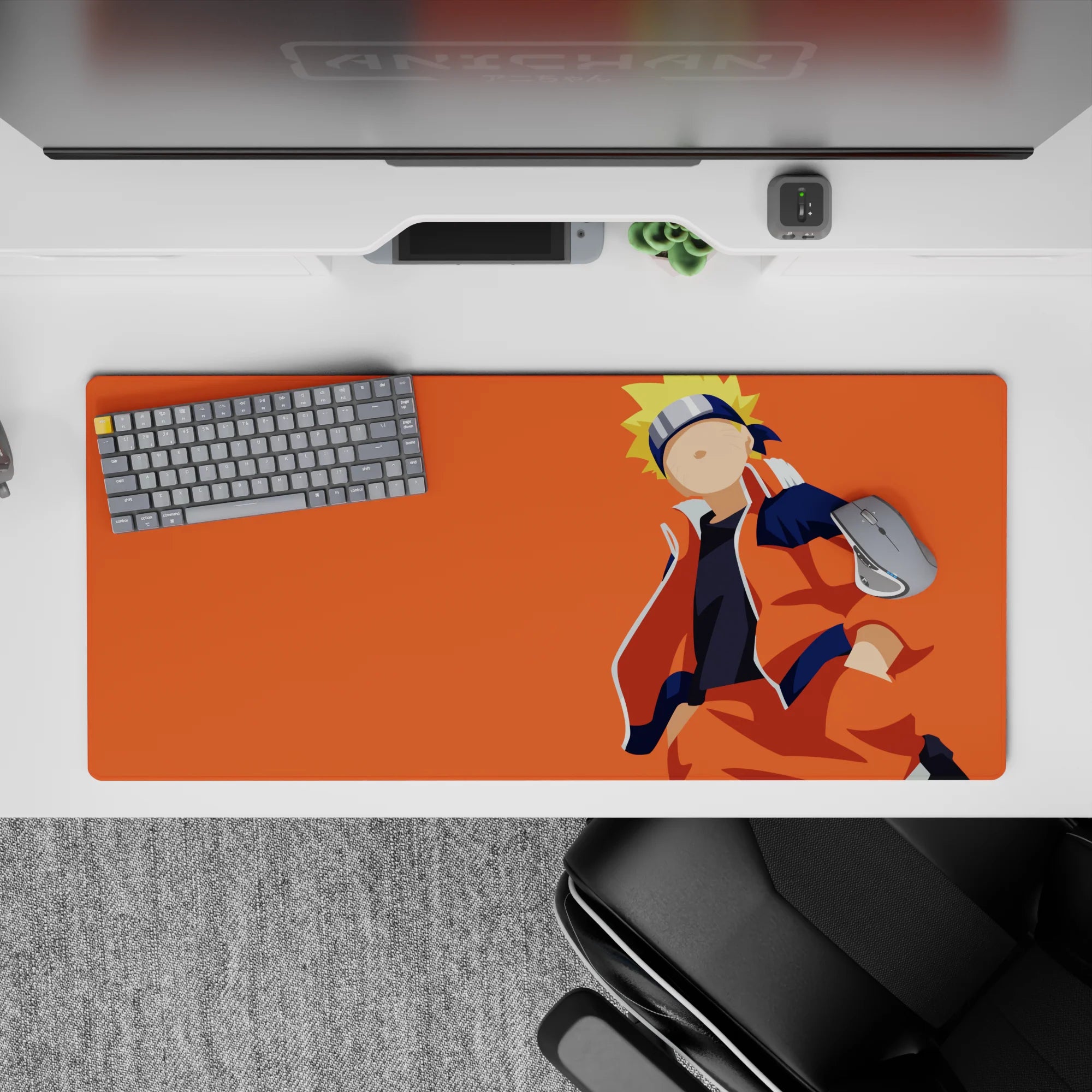 Bright orange sunset vibe anime desk pad, calm cheerful mood, smooth tracking, 36x16 inches.