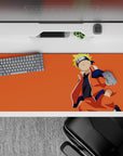 Bright orange sunset vibe anime desk pad, calm cheerful mood, smooth tracking, 36x16 inches.