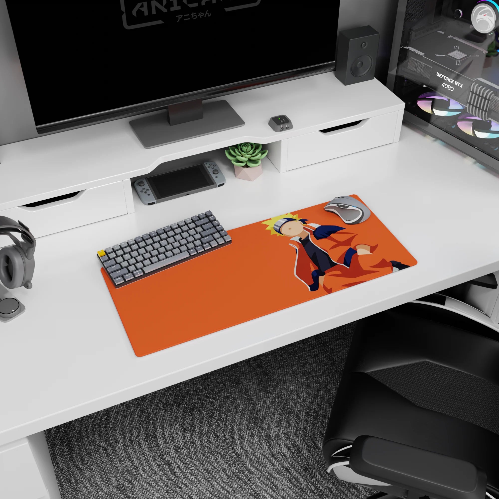 28x12 inches Naruto Uzumaki mouse pad, smiling in an orange jacket against a clean orange field.