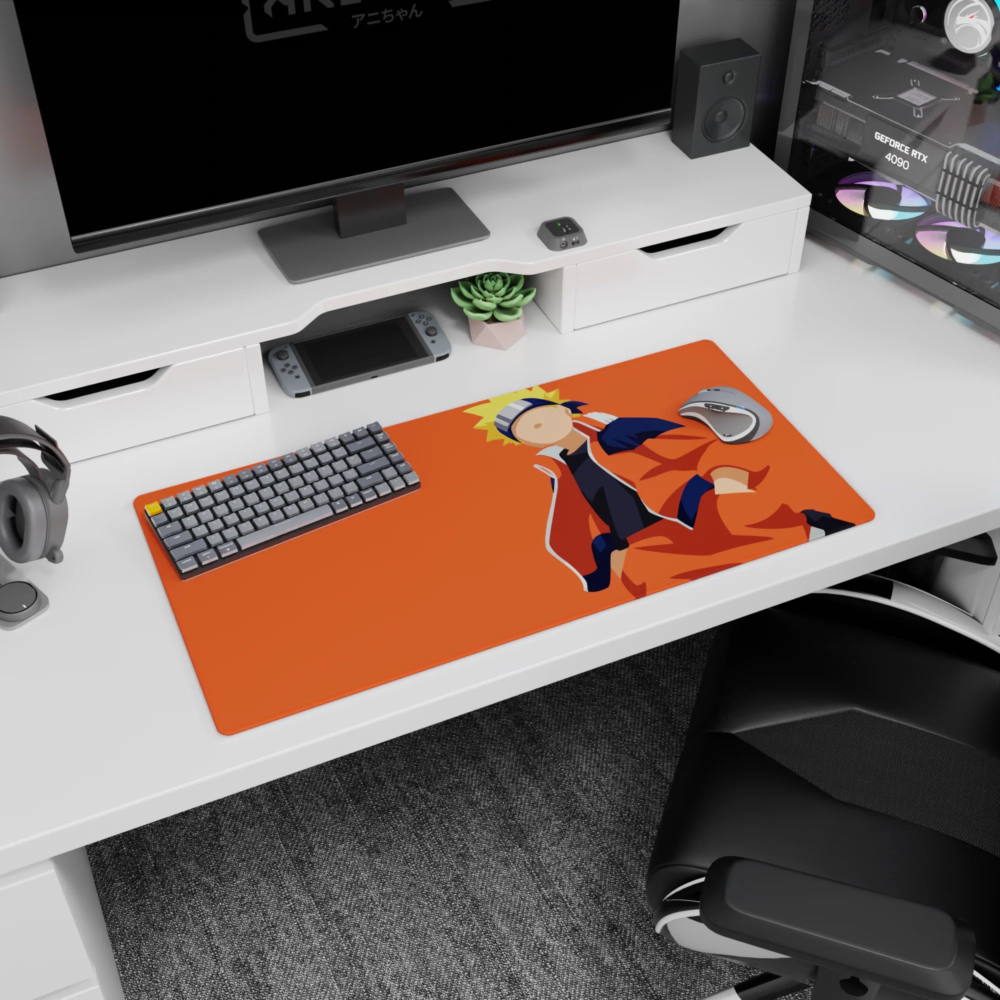 Naruto Uzumaki relaxing with a cool grin in an orange jacket on anime mouse pad, 32x16 inches.