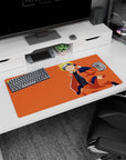 Naruto Uzumaki relaxing with a cool grin in an orange jacket on anime mouse pad, 32x16 inches.