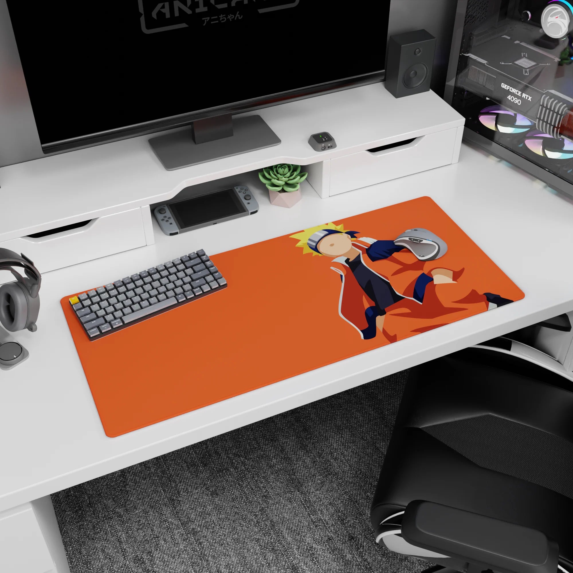 Naruto Uzumaki smiling in an orange jacket on a sunset backdrop desk pad, 36x16 inches.