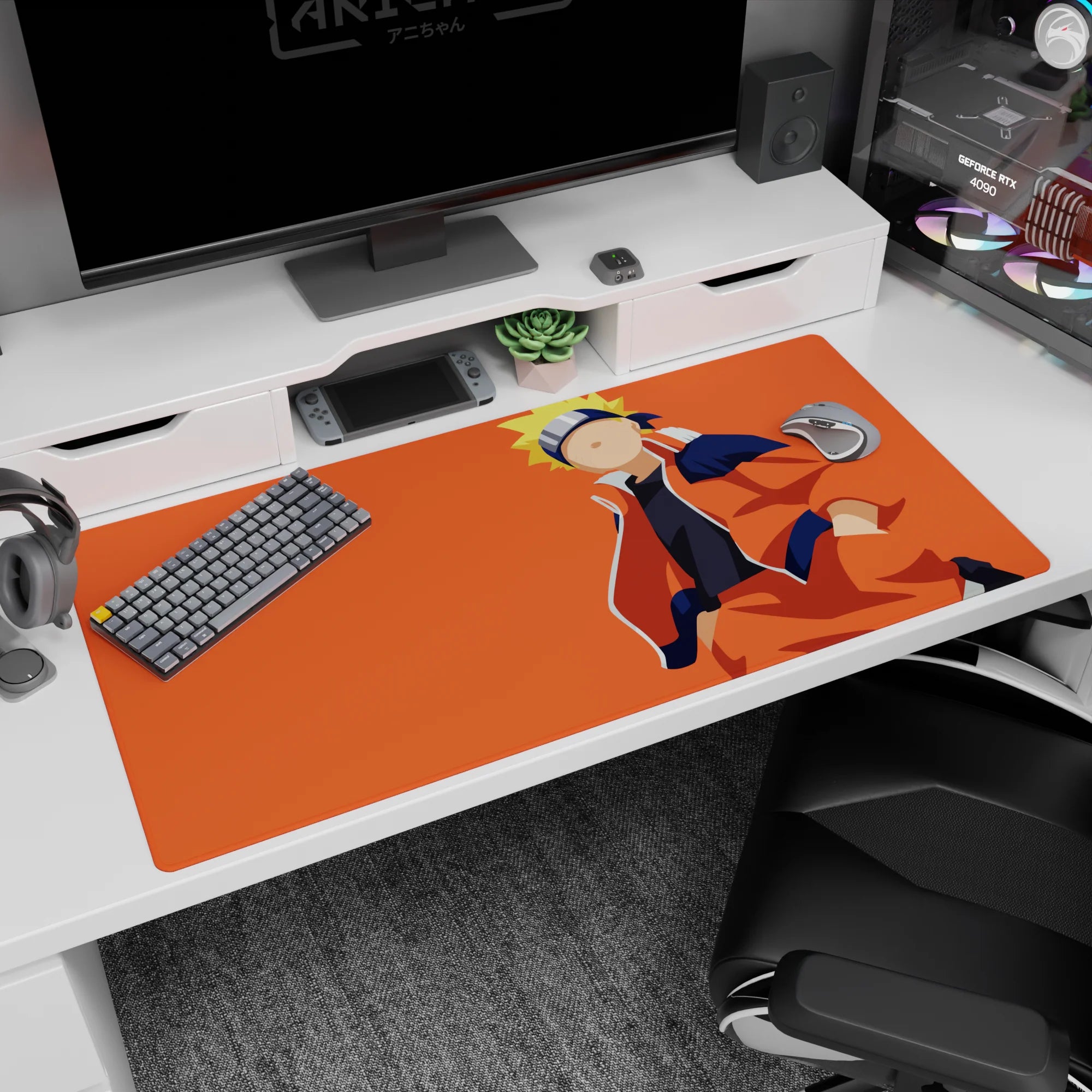 Naruto Uzumaki relaxing with a cool grin on an anime desk pad 40x20 inches, orange jacket pop.