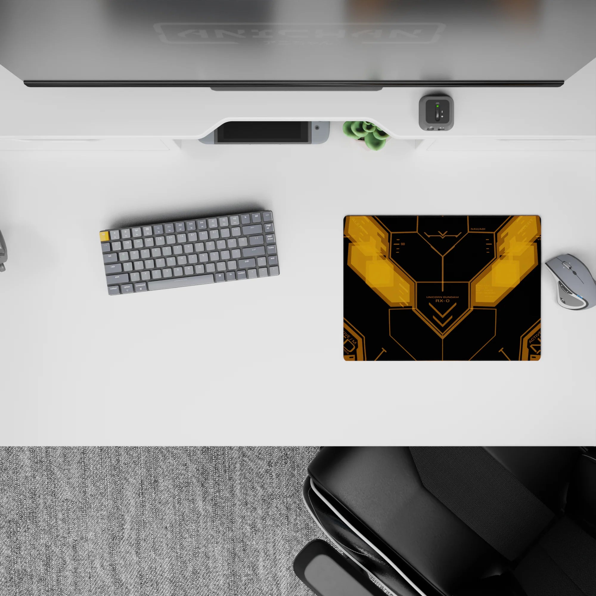 14x10 inches classic anime mouse pad in matte black with glowing amber lines, clean sci-fi desk vibe.
