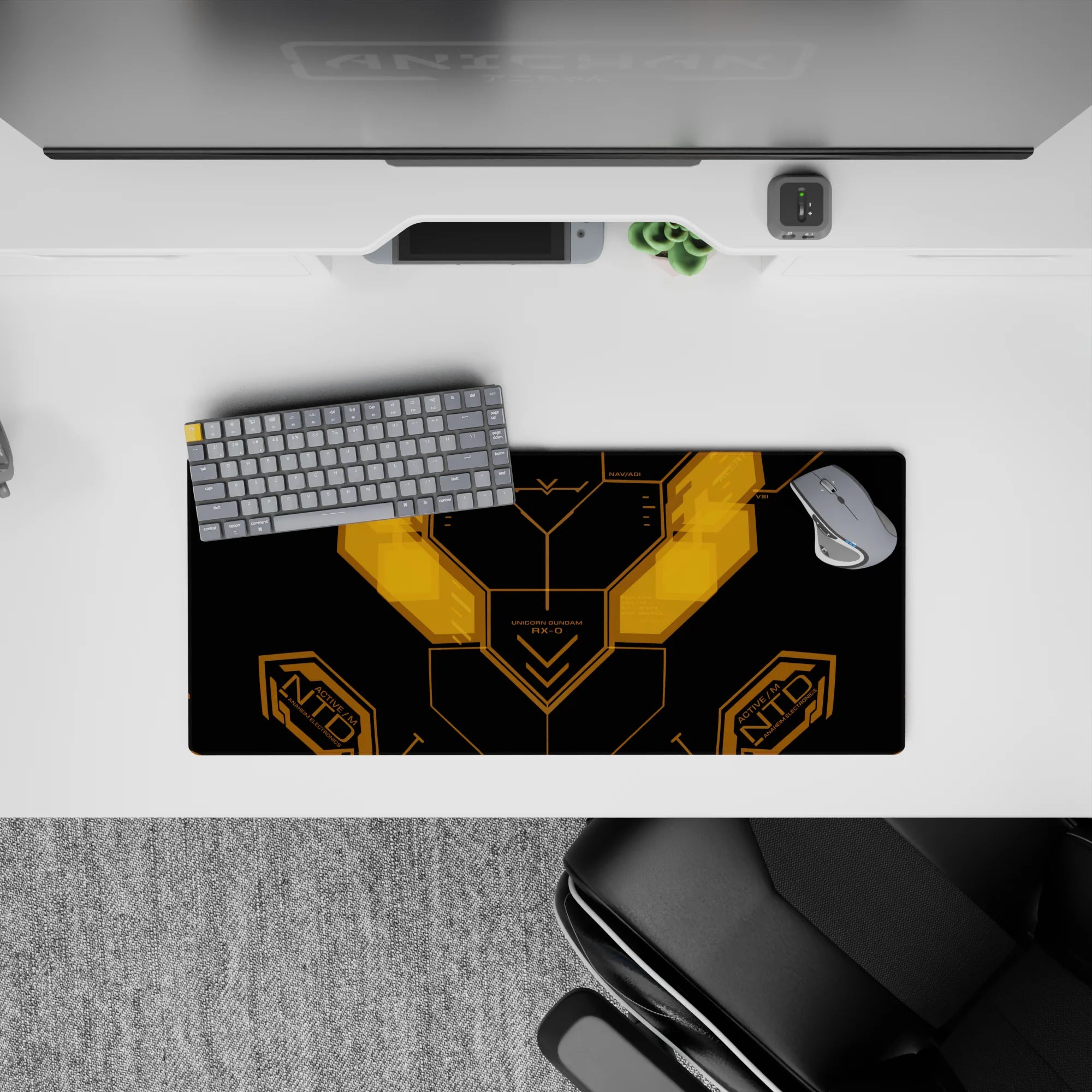 Matte black desk mat with hot amber neon HUD lines, cozy sci-fi anime mouse pad, 28x12 inches.