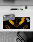 Matte black desk mat with hot amber neon HUD lines, cozy sci-fi anime mouse pad, 28x12 inches.