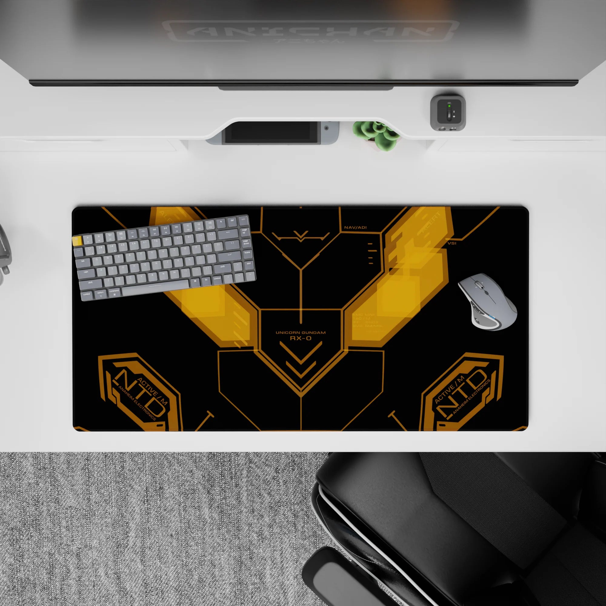 32x16 inches anime mouse pad in matte black with hot amber glowing lines, sleek techy sci-fi desk vibe.