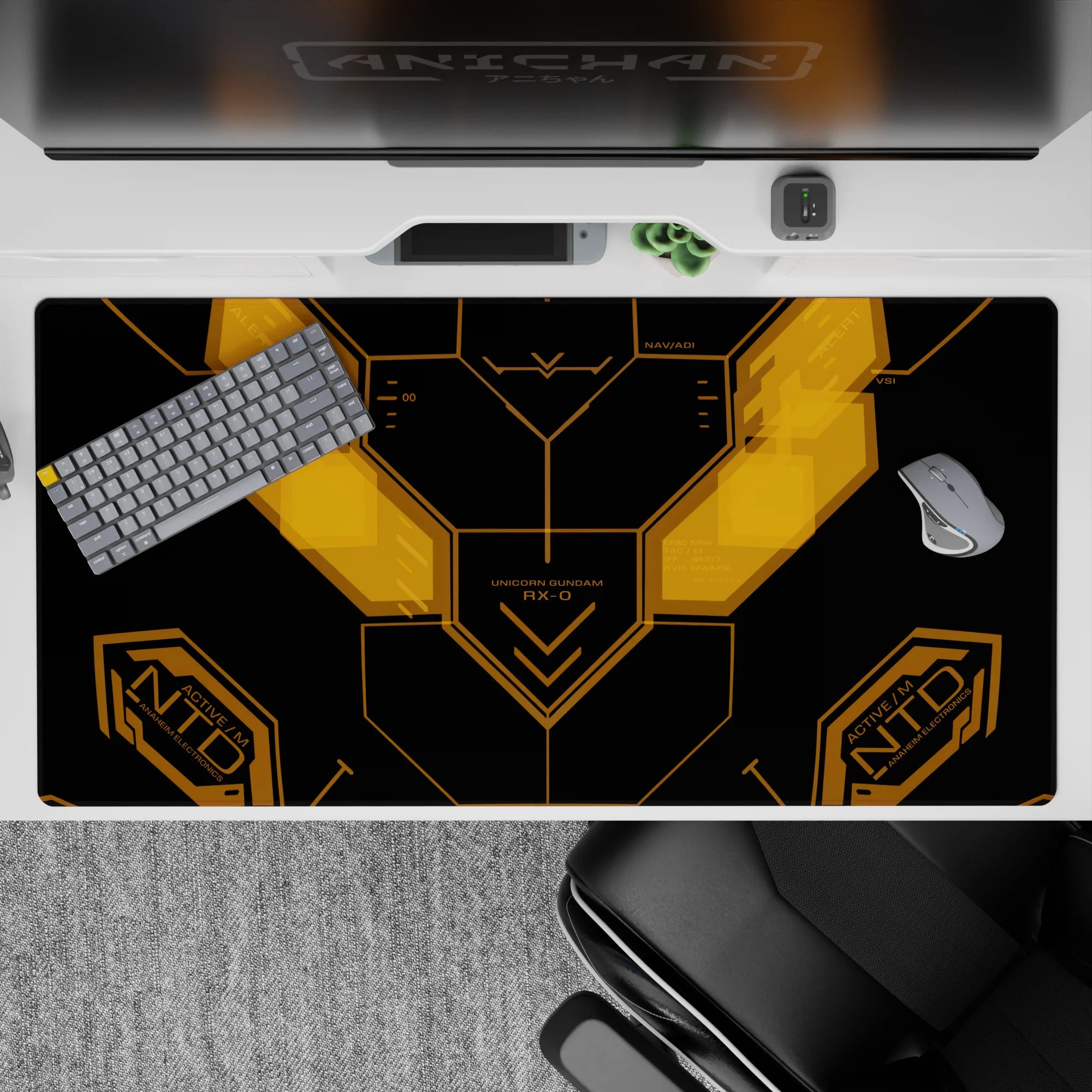 Matte black anime desk pad with glowing amber HUD lines, subtle sci-fi vibe, 40x20 inches.