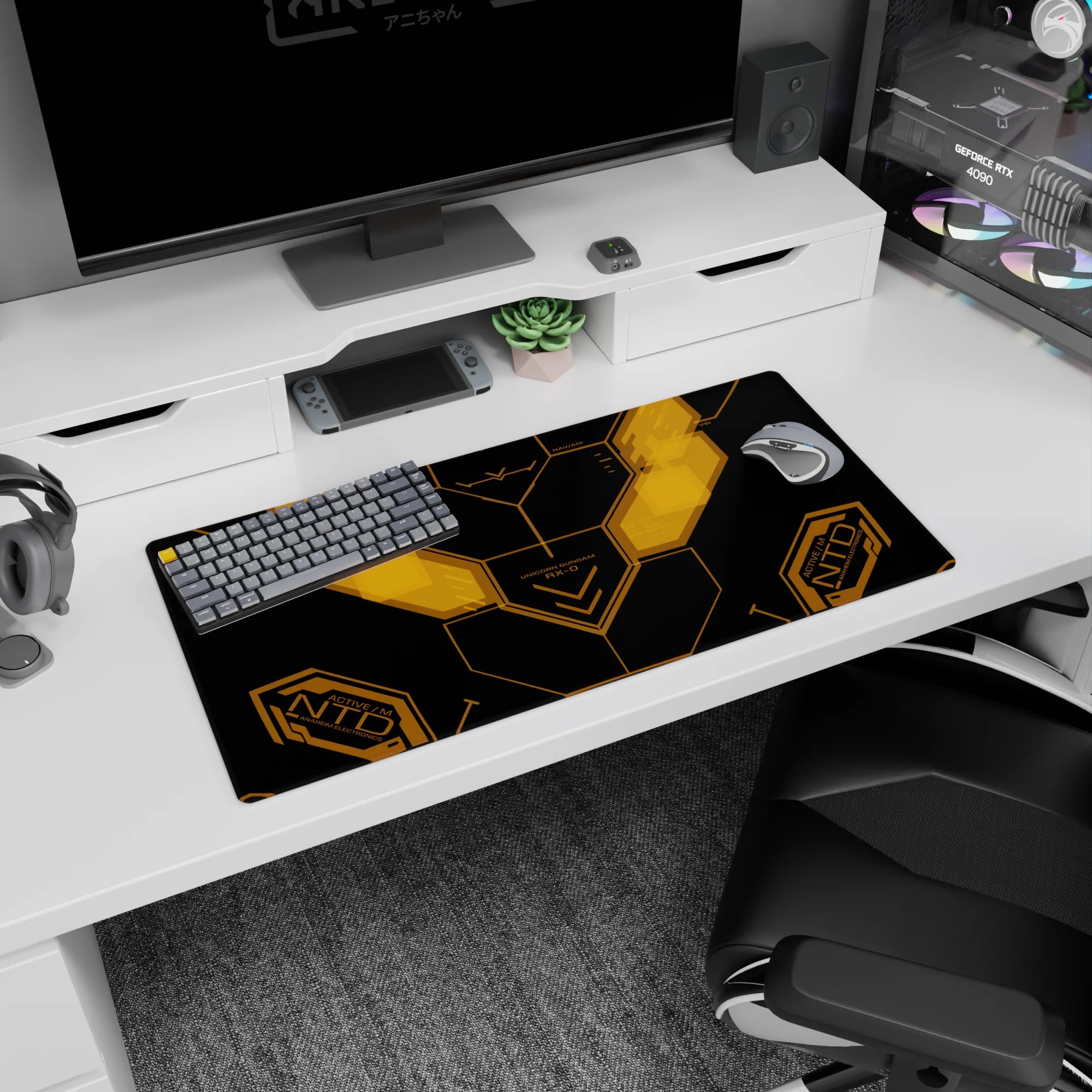 32x16 inches anime mouse pad inspired by Gundam UC, Banagher Links-style cockpit interface, crisp HUD geometry.
