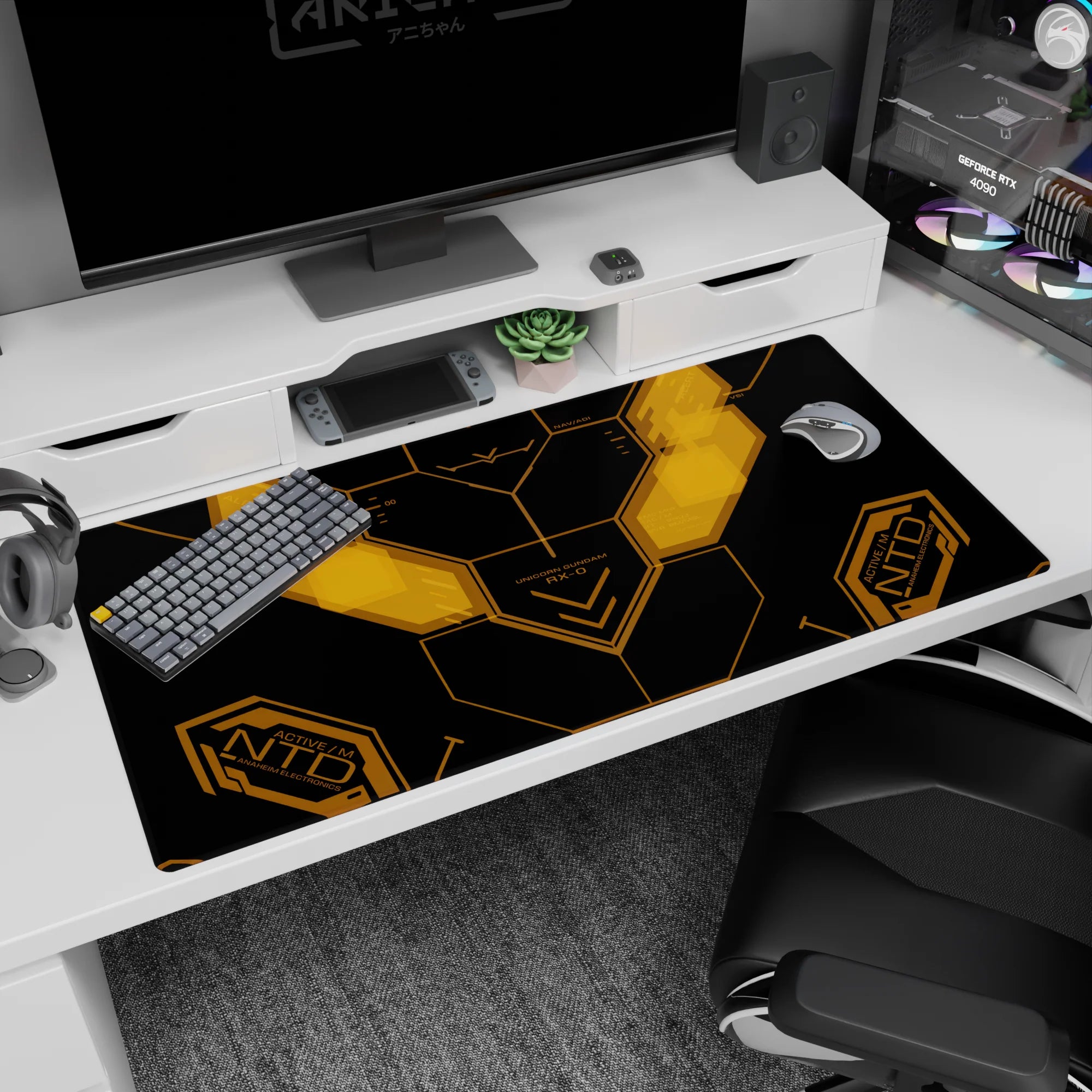 Banagher Links-inspired Unicorn Gundam UC cockpit UI desk mat scene, 40x20 inches.