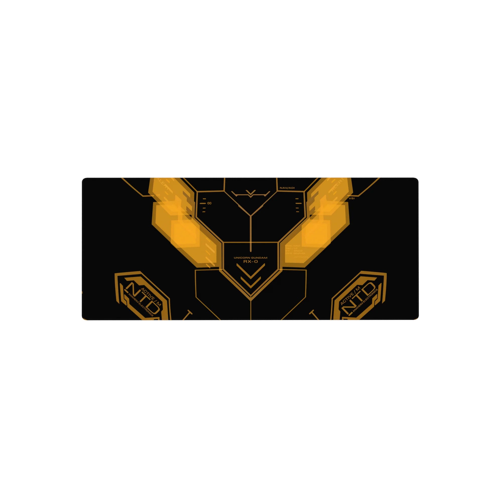 Gundam Unicorn RX-0 cockpit HUD anime mouse pad, angular interface design, 28x12 inches.