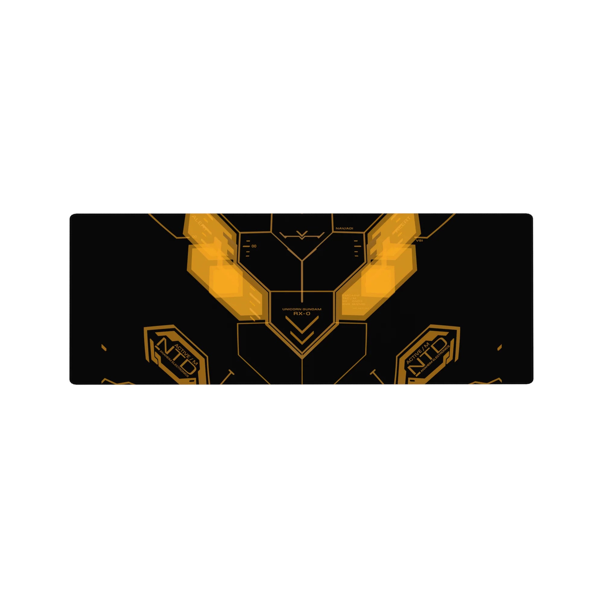 32x12 inches Gundam Unicorn RX-0 cockpit HUD desk mat with angular interface panels and nav marks.