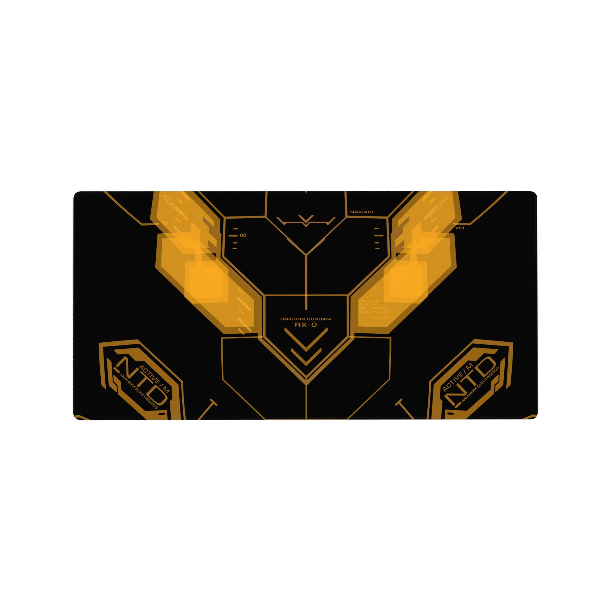 32x16 inches anime mouse pad with Unicorn Gundam RX-0 cockpit HUD interface design, angular panels and nav marks.