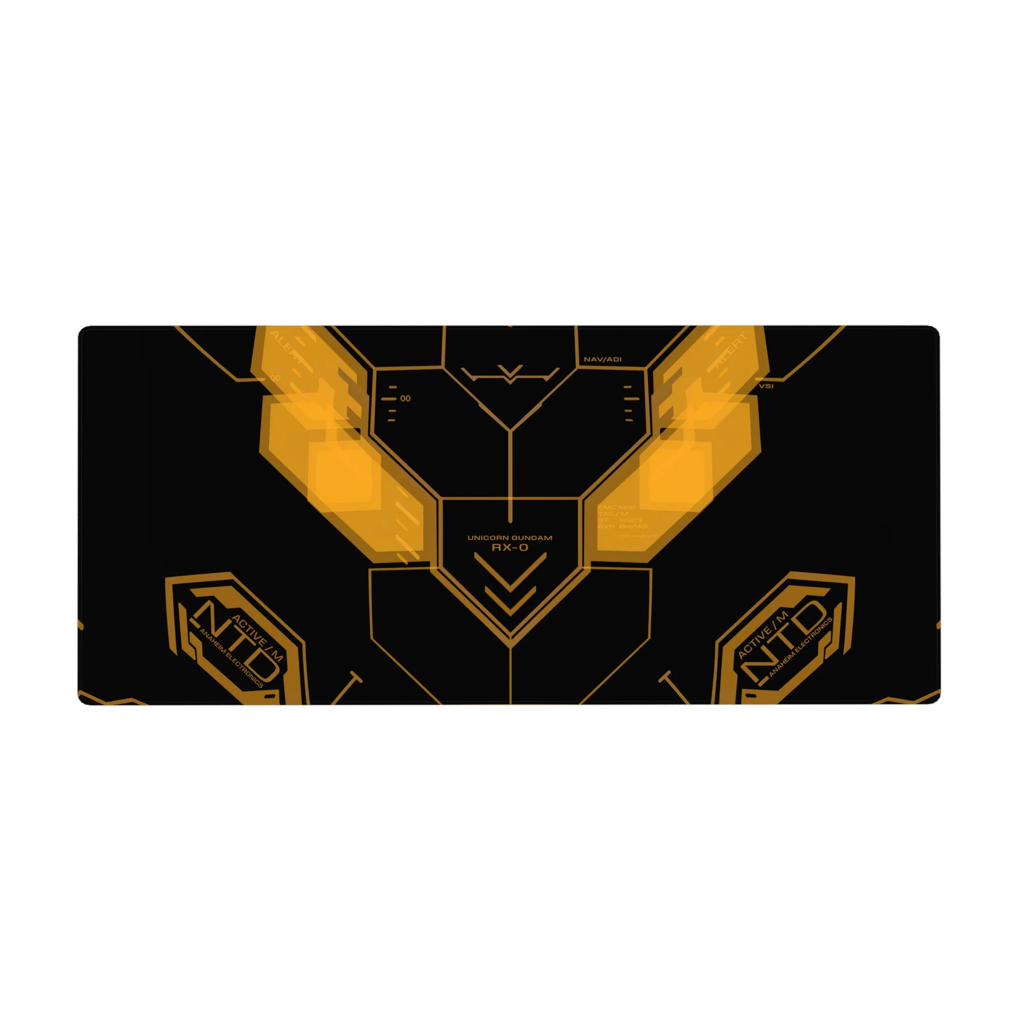 36x16 inches Gundam UC Unicorn RX-0 cockpit HUD desk pad with angular interface panels and nav marks.