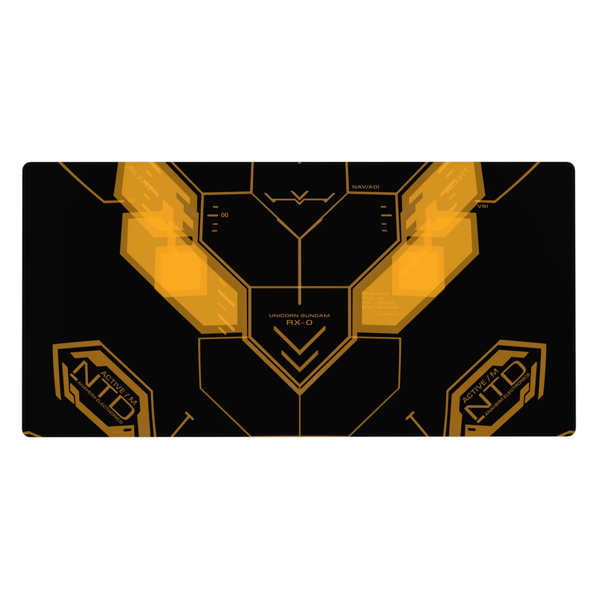 Unicorn Gundam RX-0 cockpit HUD anime desk pad with angular interface panels, 40x20 inches.